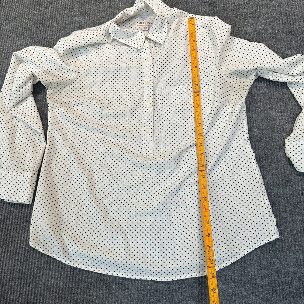 Merona Polka Dot Popover Blouse Medium White Black Long Sleeve Pocket - Picture 6 of 8